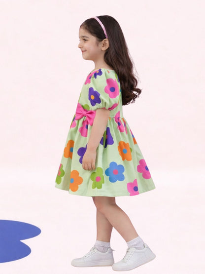 Petal Play Girls Cotton Green Floral Dress