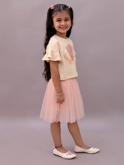Paris Night Off White T-shirt with Peach Skirt Set For Girls