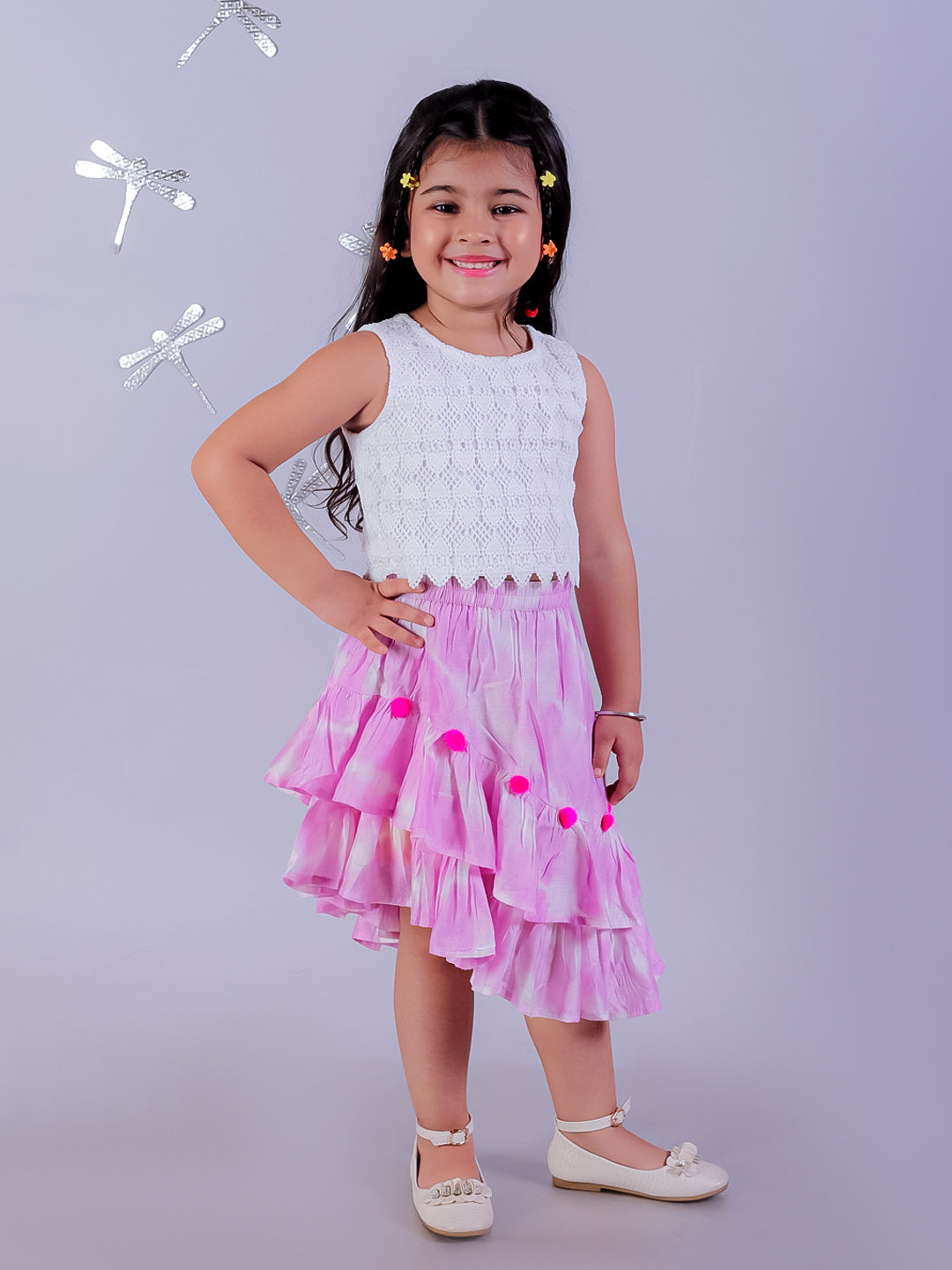 Shibori Print White Top with Pink Skirt Set For Girls