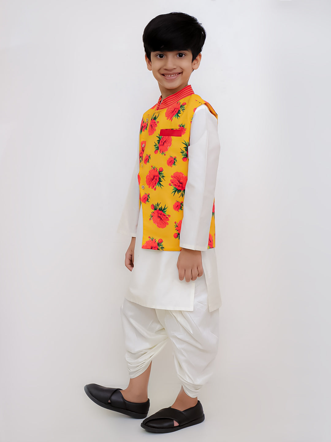 Genda Phool White Kurta and Dhoti with Mustard Jacket Set for Boys