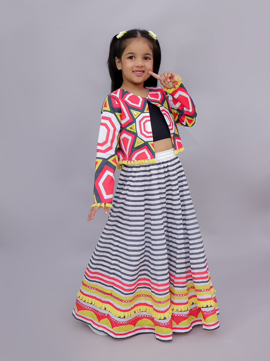 Shor-Gul Multicolor Lehanga Choli with Jacket Set for Girls