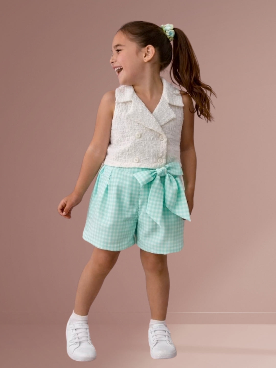 Citrus Crush Girls White Cotton Top and Green Short
