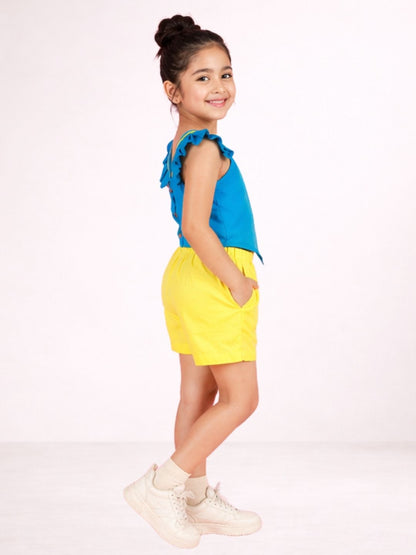 Petal Play Girls Blue Cotton Top with Yellow Shorts Set