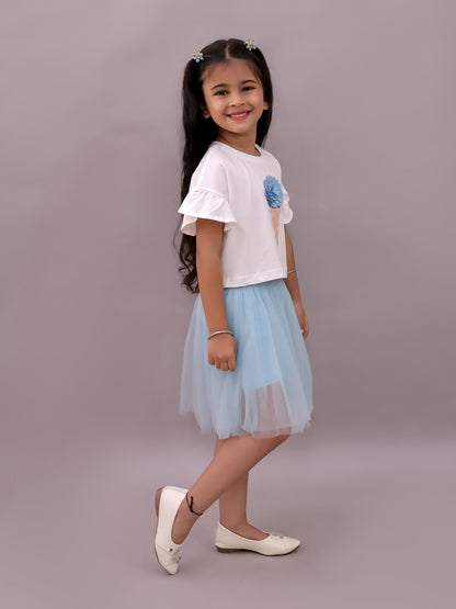 Paris Night White T-shirt with Blue Skirt Set For Girls