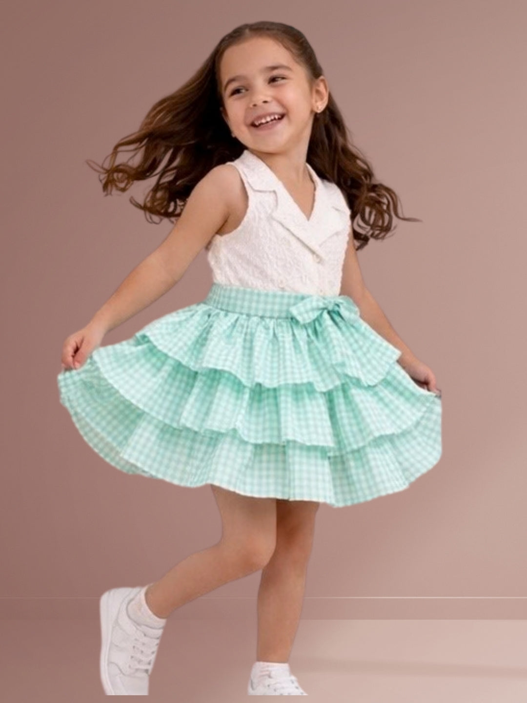 Citrus Crush Girls White Cotton Top and Green Skirt
