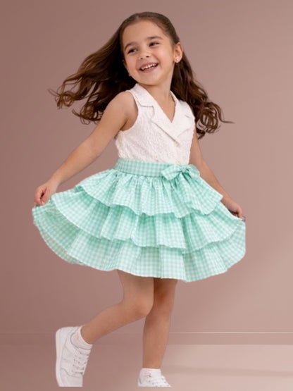Citrus Crush Girls White Cotton Top and Green Skirt