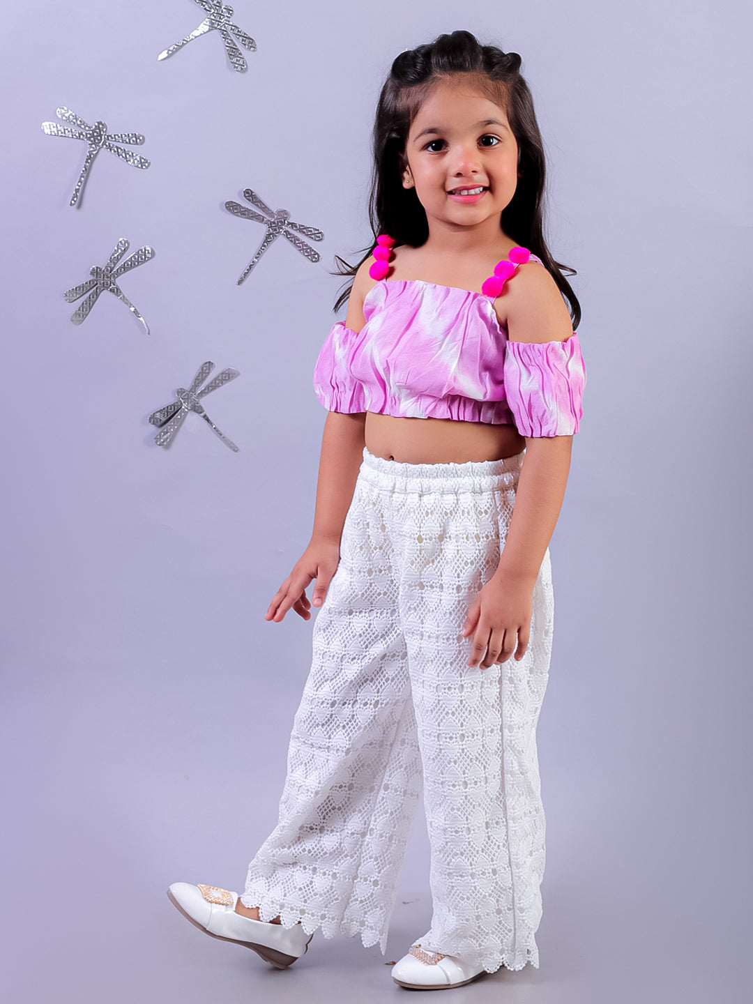 Shibori Print Lavender Top with White Pant Set For Girls