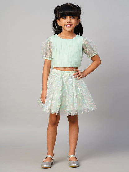 Paris Nights Girls Sea Green 3D Flower Party Skirt with Top set