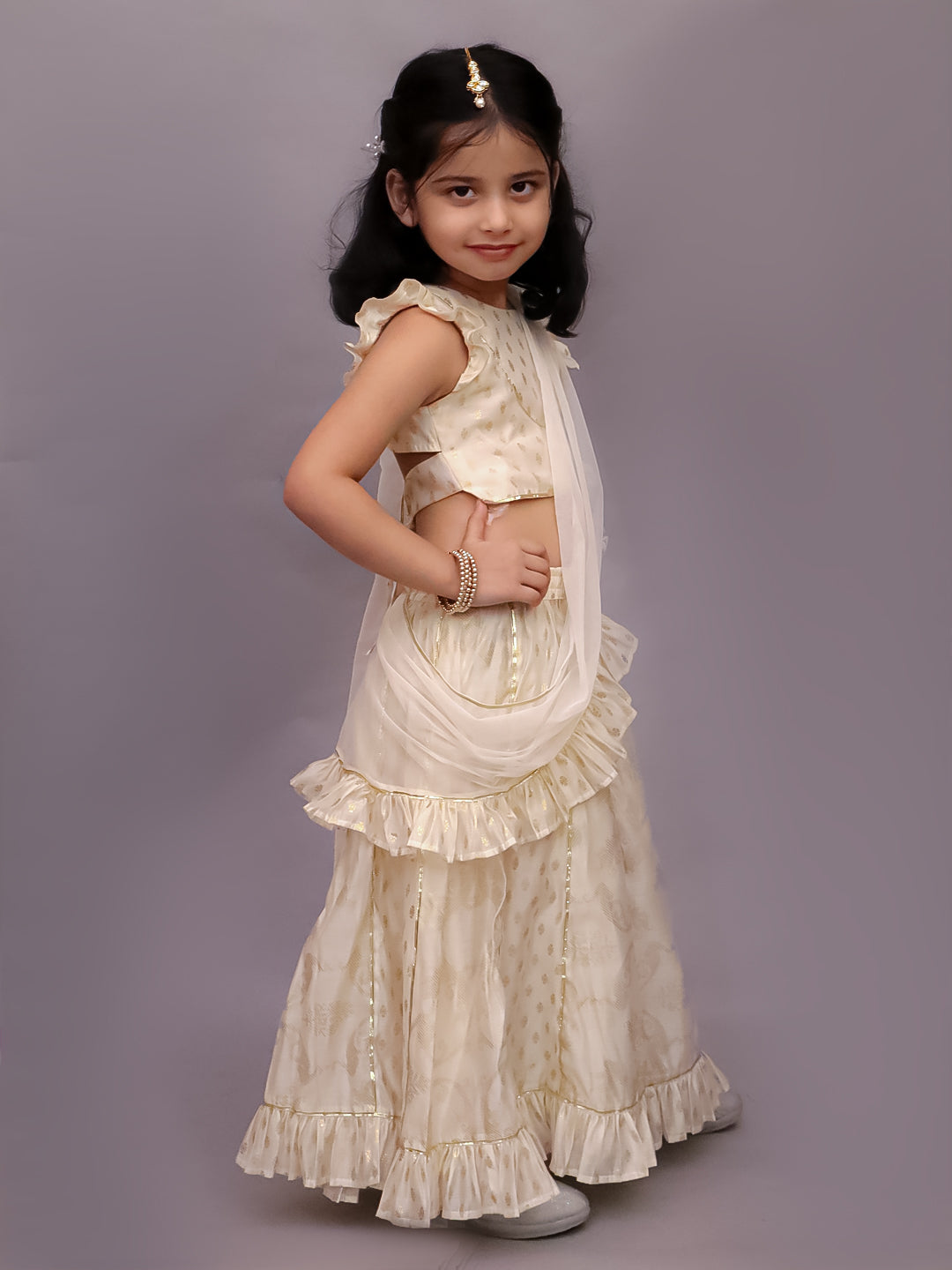 Mishti Off White Lehanga Choli Dupatta Set For Girls