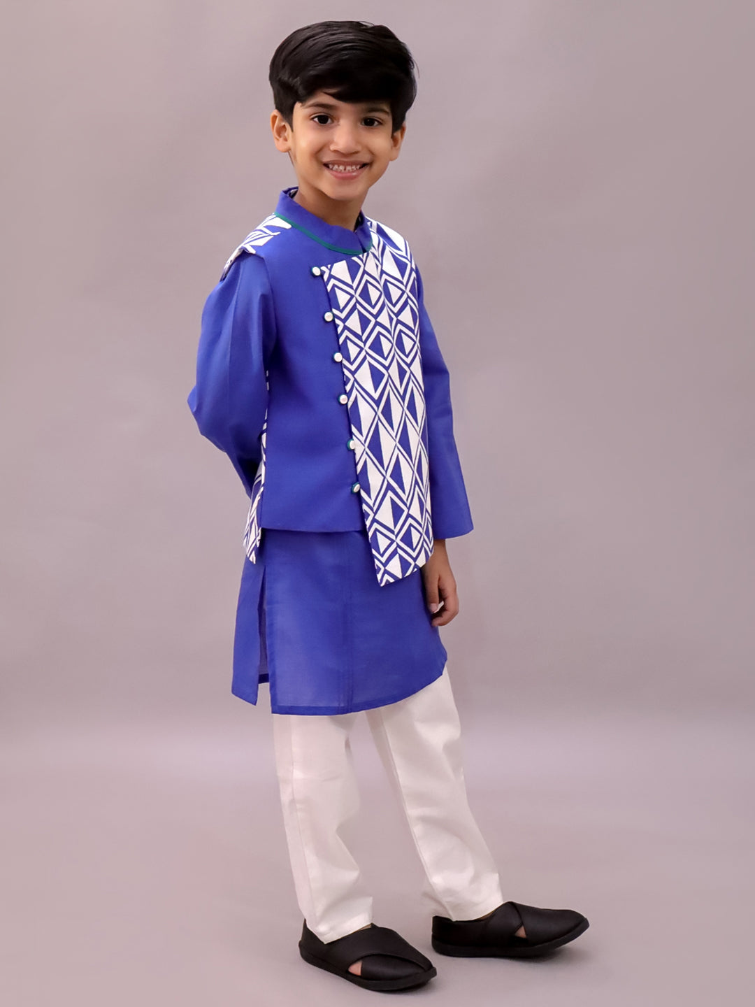 Shor-Gul Blue Kurta Pyjama with Jacket Set For Boys