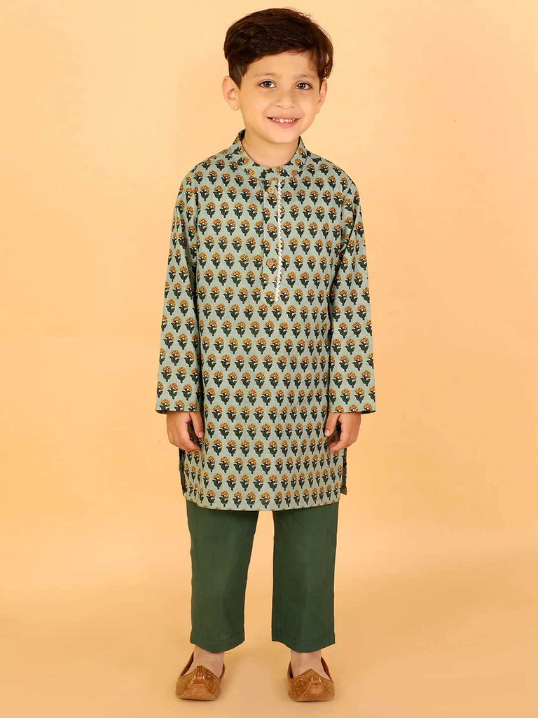 Boys stylish Folklore print cotton kurta with pyjama set