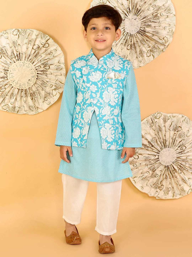 Boys Stylish Folklore cotton kurta pyjama with printed jacket set