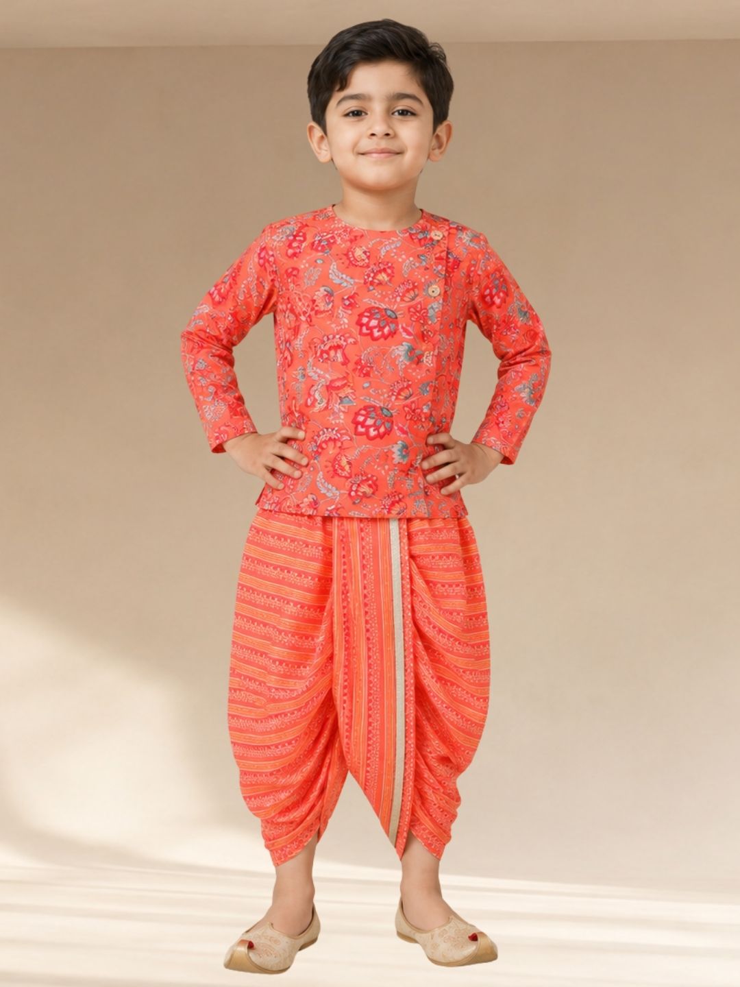 Golden Weaves Boys Orange Kurta with Dhoti set