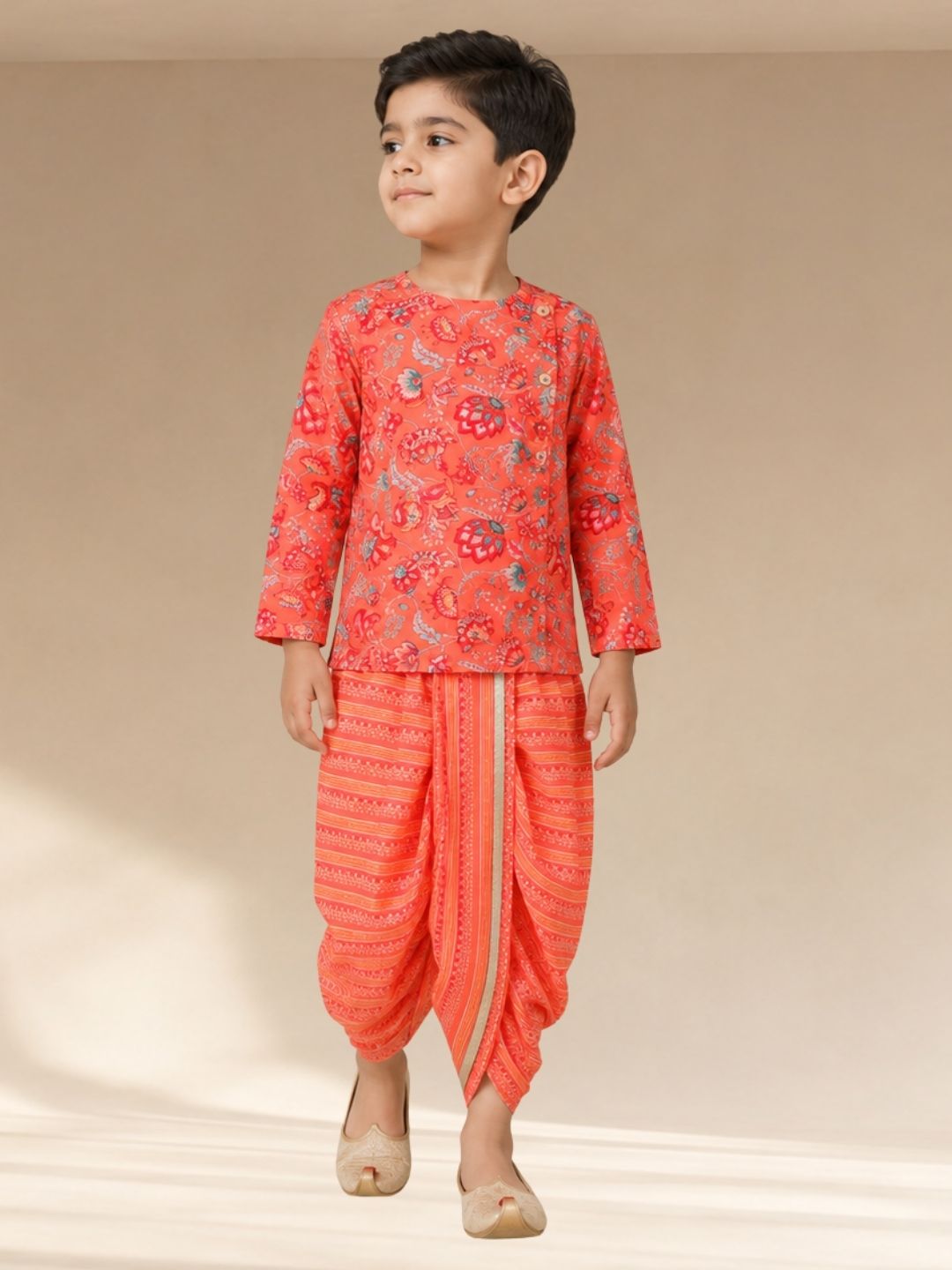 Golden Weaves Boys Orange Kurta with Dhoti set