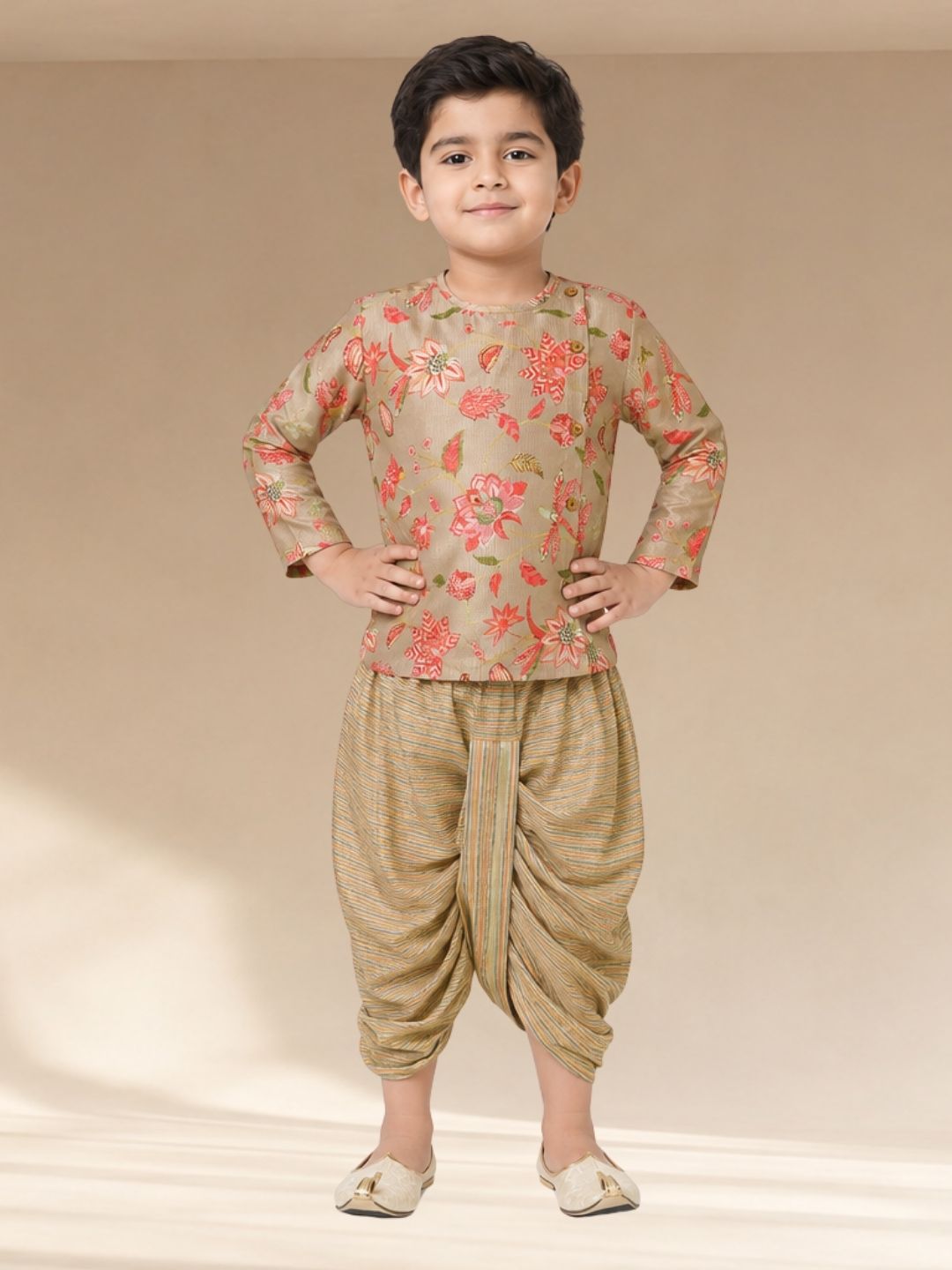Golden Weaves Boys Beige Kurta with Dhoti set