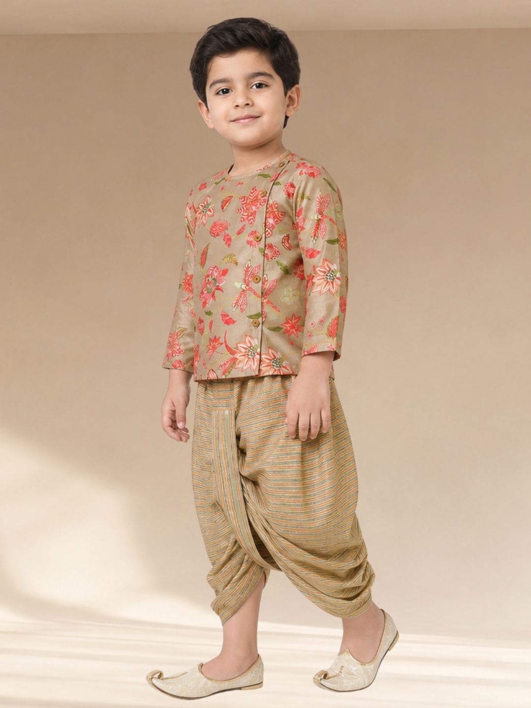 Golden Weaves Boys Beige Kurta with Dhoti set