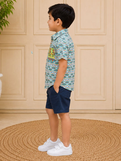 Sassy Boho Boys Green Printed Shirt from the sibling collection
