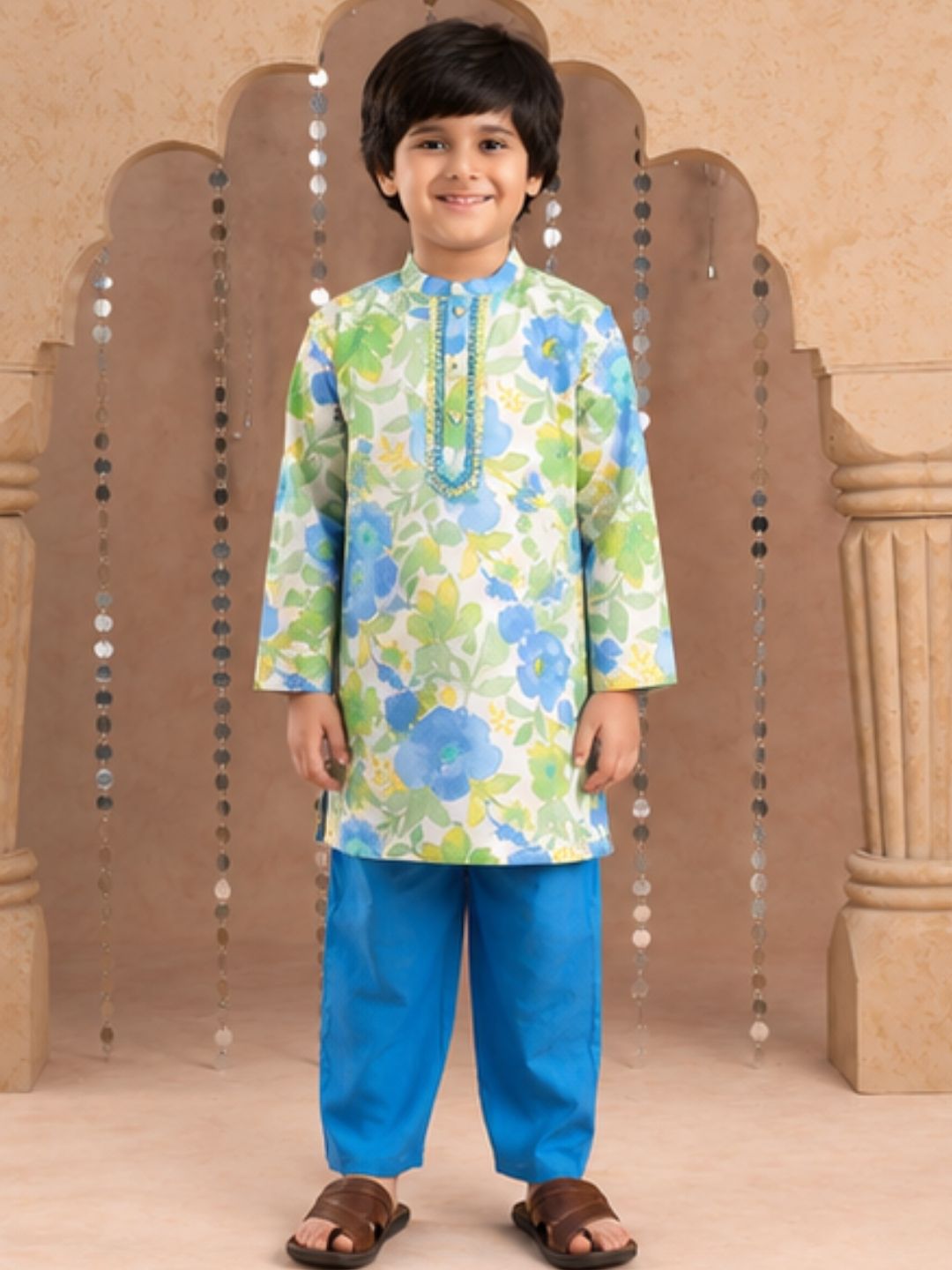 Jaipur Boys Green Kurta and Pyjama Ethnic Set