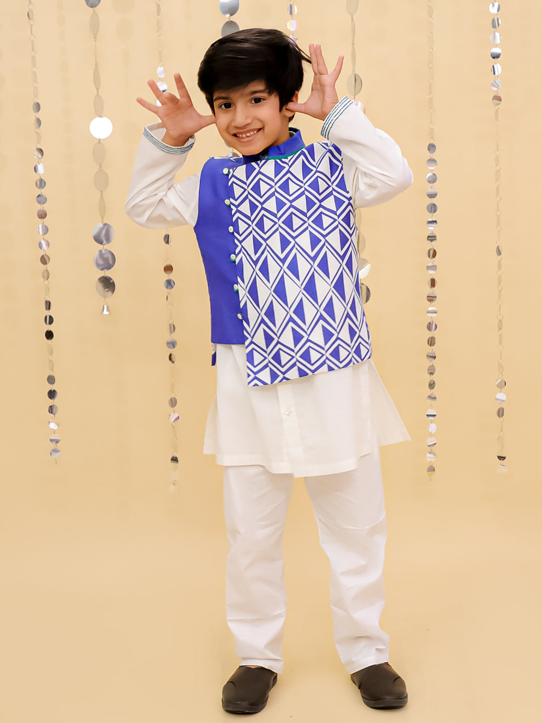 Shor-Gul White Kurta Pyjama with Blue Jacket Set For Boys