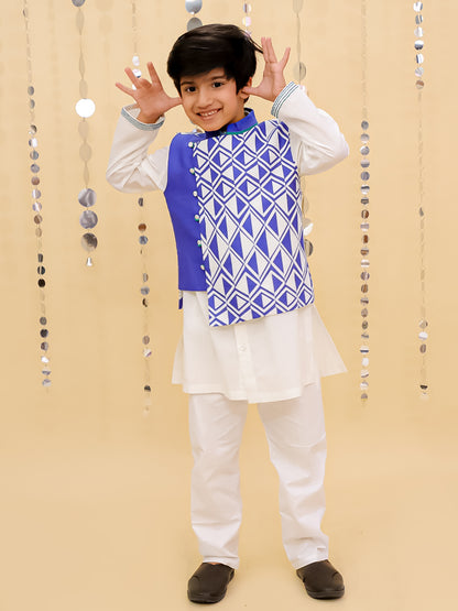 Shor-Gul White Kurta Pyjama with Blue Jacket Set For Boys