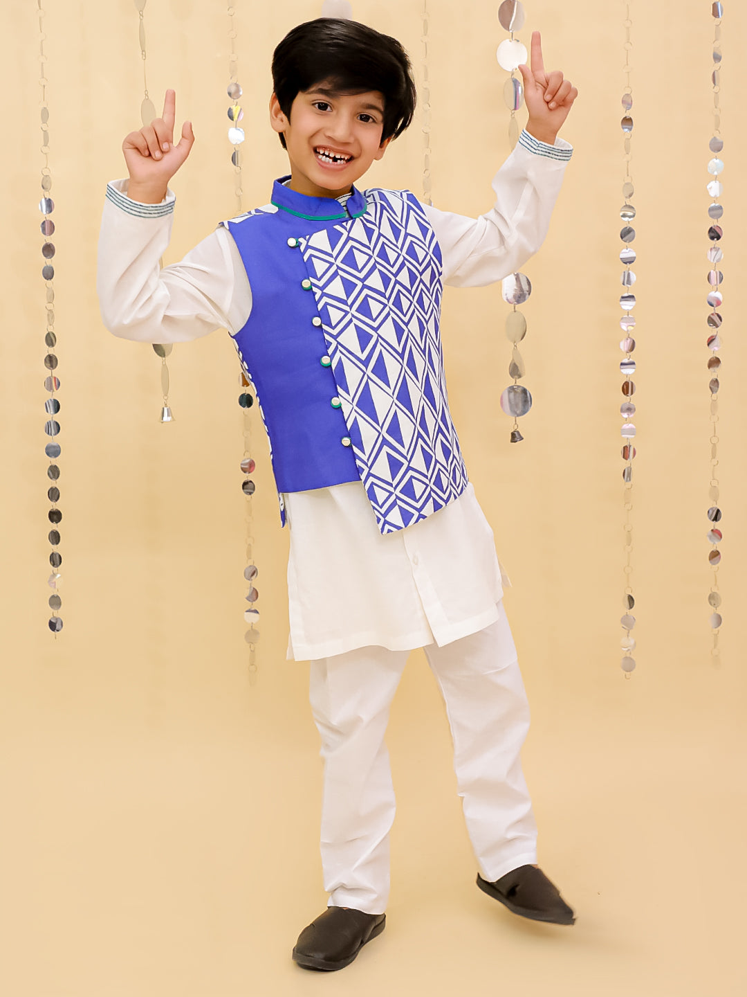 Shor-Gul White Kurta Pyjama with Blue Jacket Set For Boys