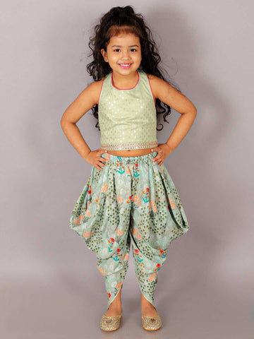 Fusion Fair Girls Green Crop Top with Dhoti Co-ordinate set