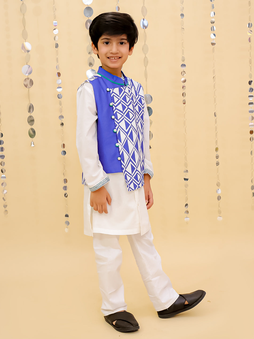 Shor-Gul White Kurta Pyjama with Blue Jacket Set For Boys