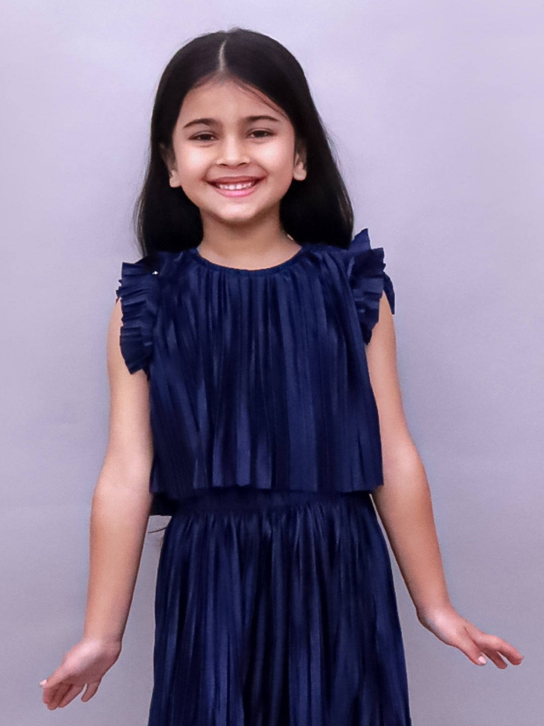 Glam Up Girls Party Navy Blue Frill Sleeves Top