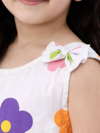 Petal Play Girls White Cotton Floral Dress