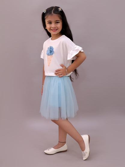 Paris Night White T-shirt with Blue Skirt Set For Girls