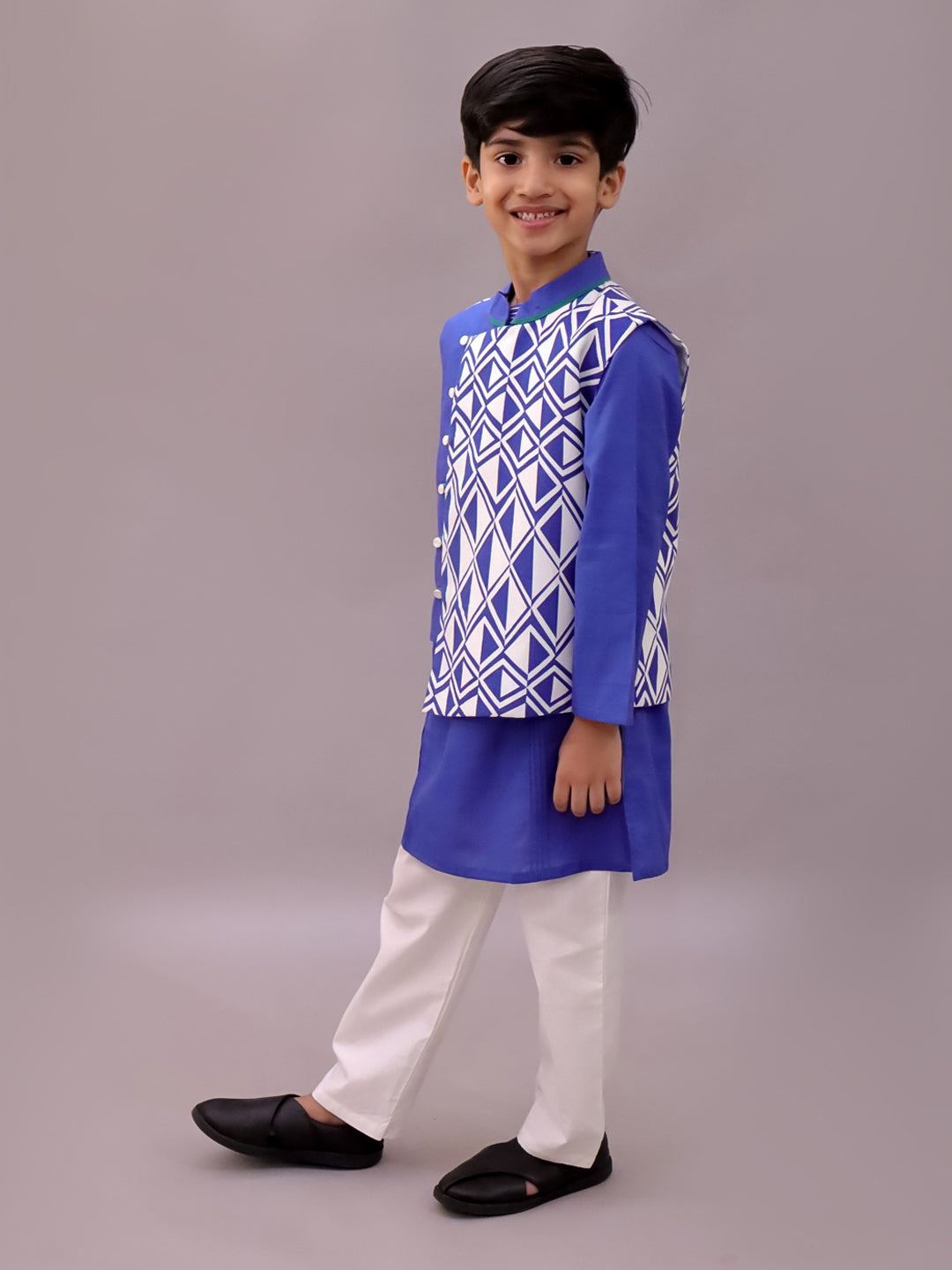 Shor-Gul Blue Kurta Pyjama with Jacket Set For Boys