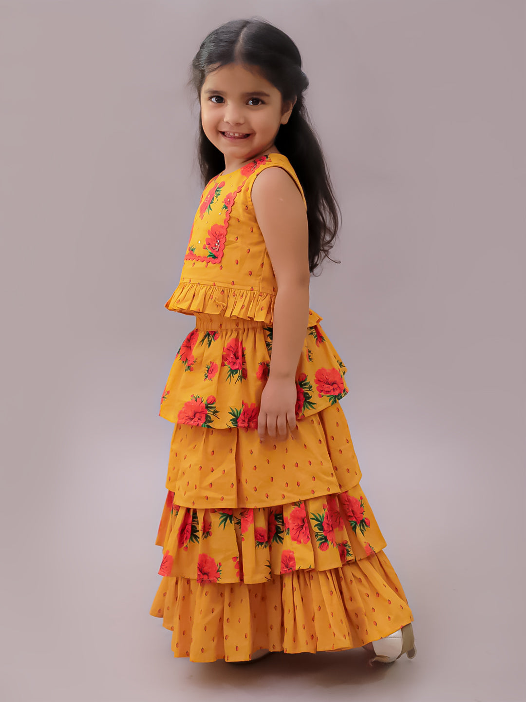 Genda Phool Mustard Choli and Lehanga Set For Girls