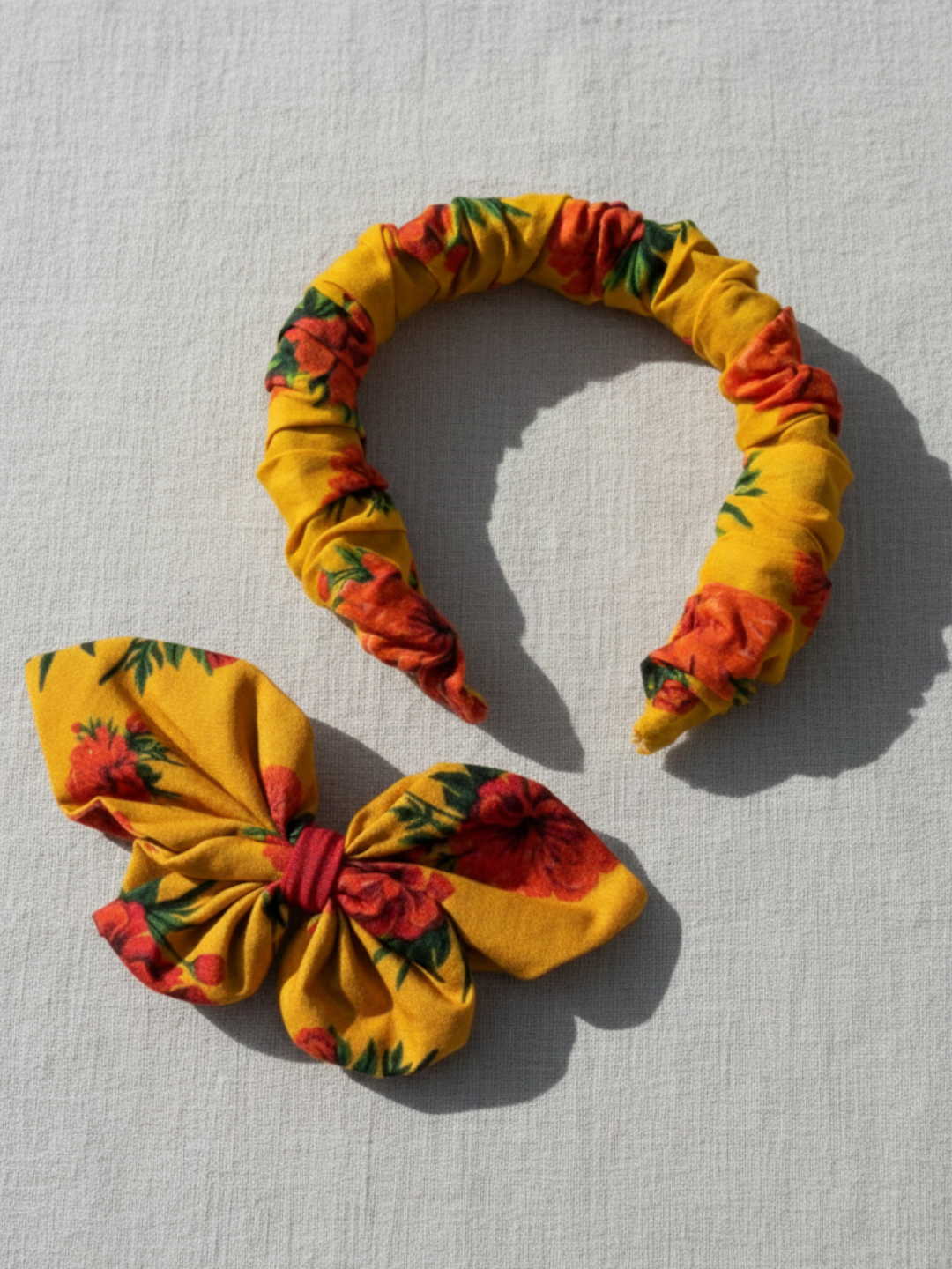 Lil Drama Vibrant Mustard Yellow and Red Rose Fabric Hair Clip - Yellow