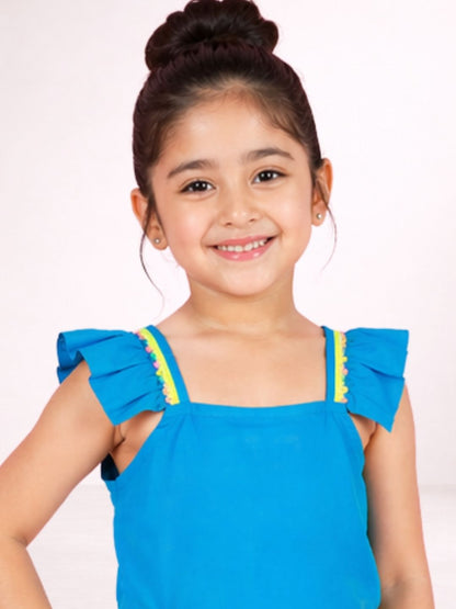 Petal Play Girls Blue Cotton Top with Yellow Shorts Set