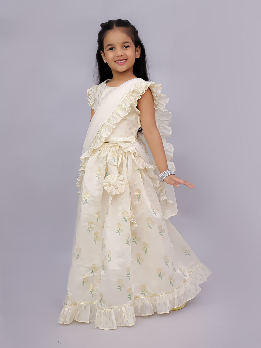 Mishti Off White Lehanga Choli Dupatta Set For Girls
