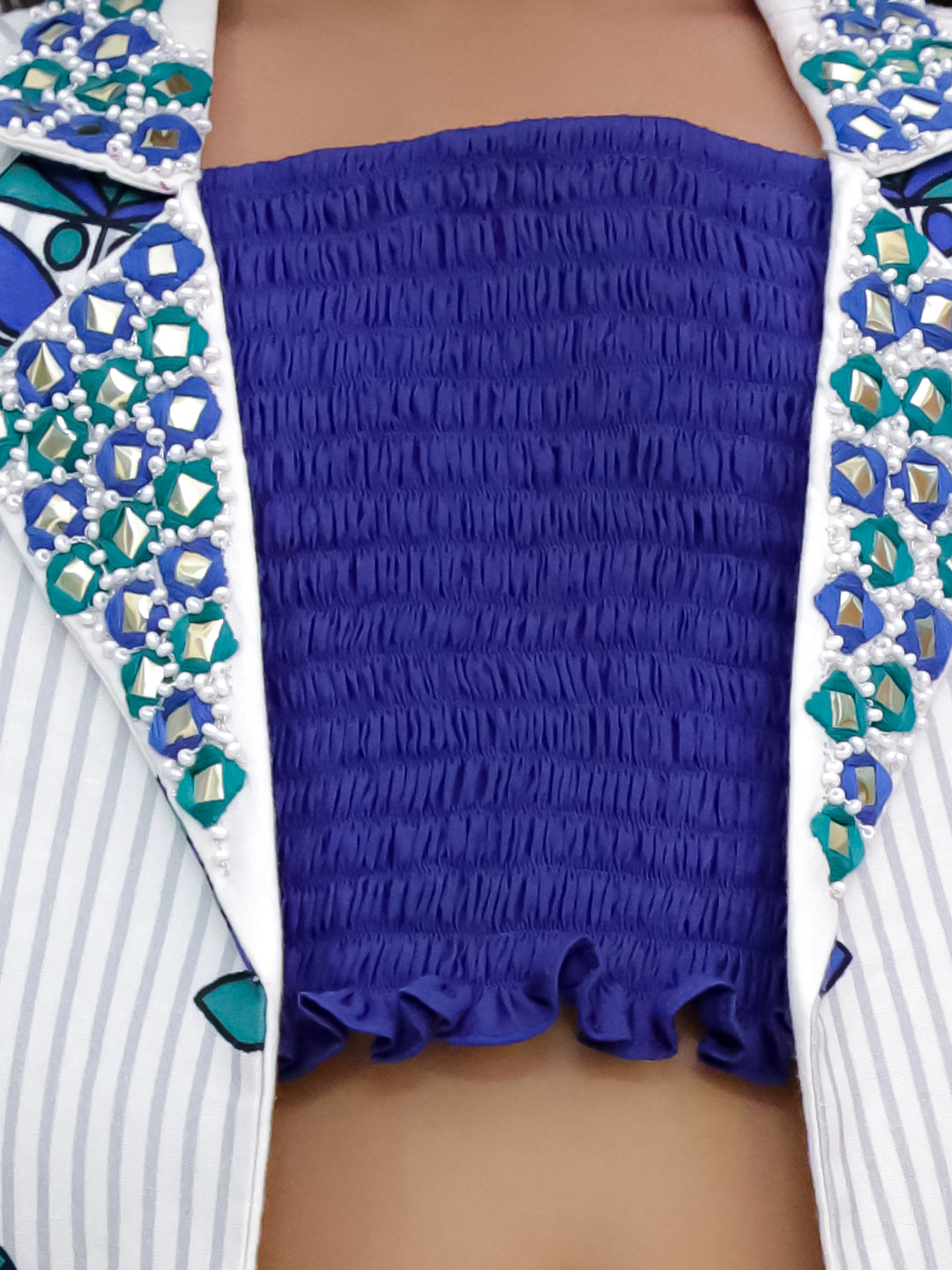Shor-Gul White Jacket and Pant With Blue Bustier Set For Girls