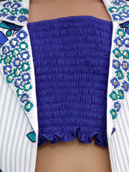 Shor-Gul White Jacket and Pant With Blue Bustier Set For Girls