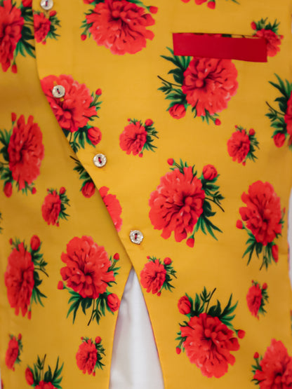 Genda Phool White Kurta and Dhoti with Mustard Jacket Set for Boys
