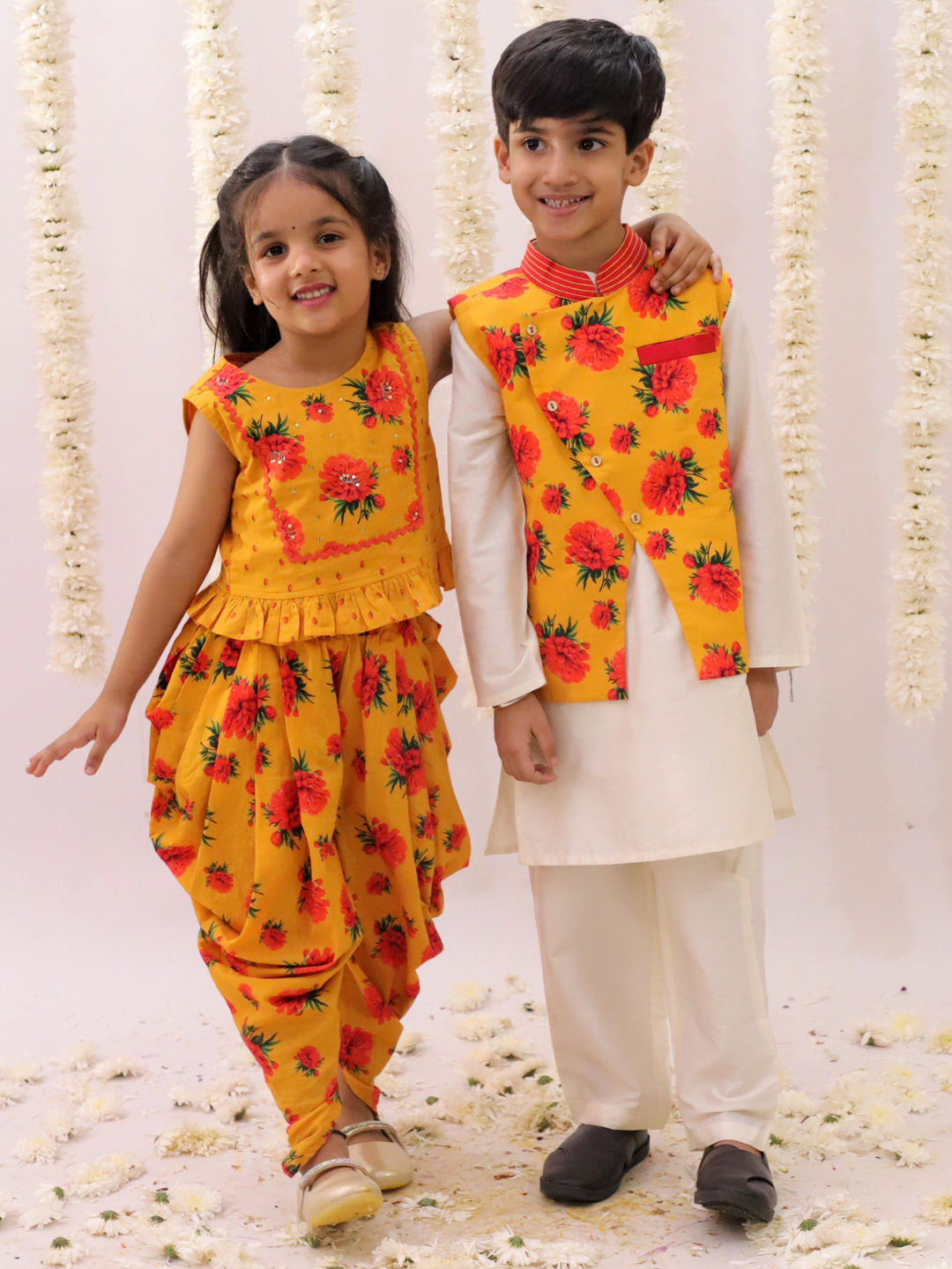 Genda Phool White Kurta and Pant with Mustard Jacket Set for Boys