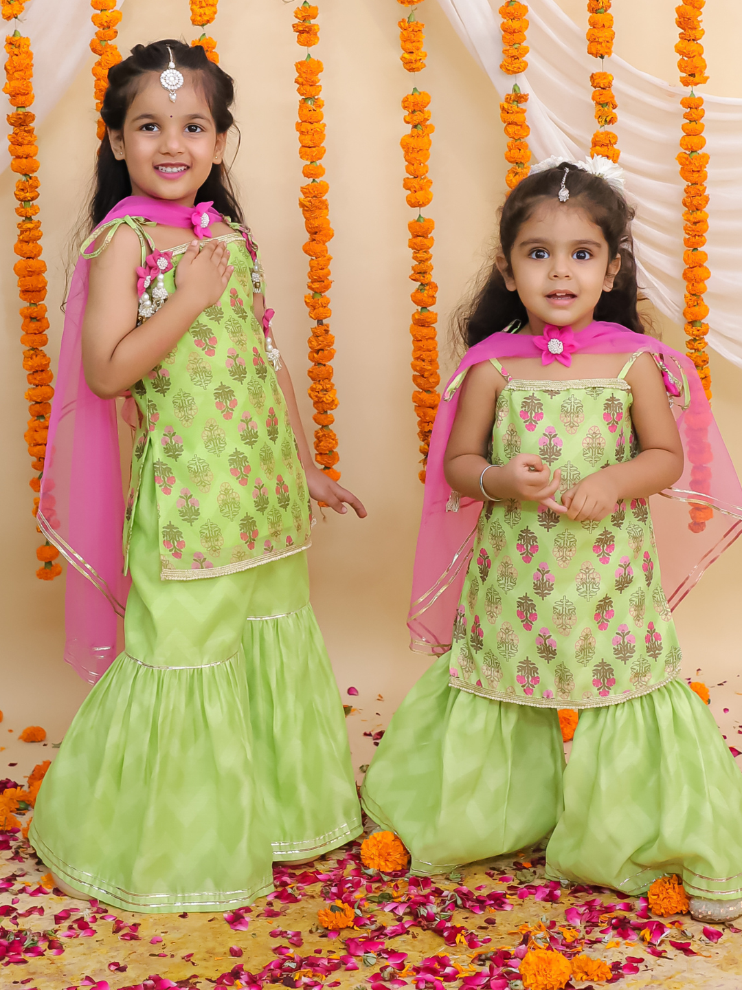Mishti Green Kurta Sharara with Pink Dupatta Set For Girls