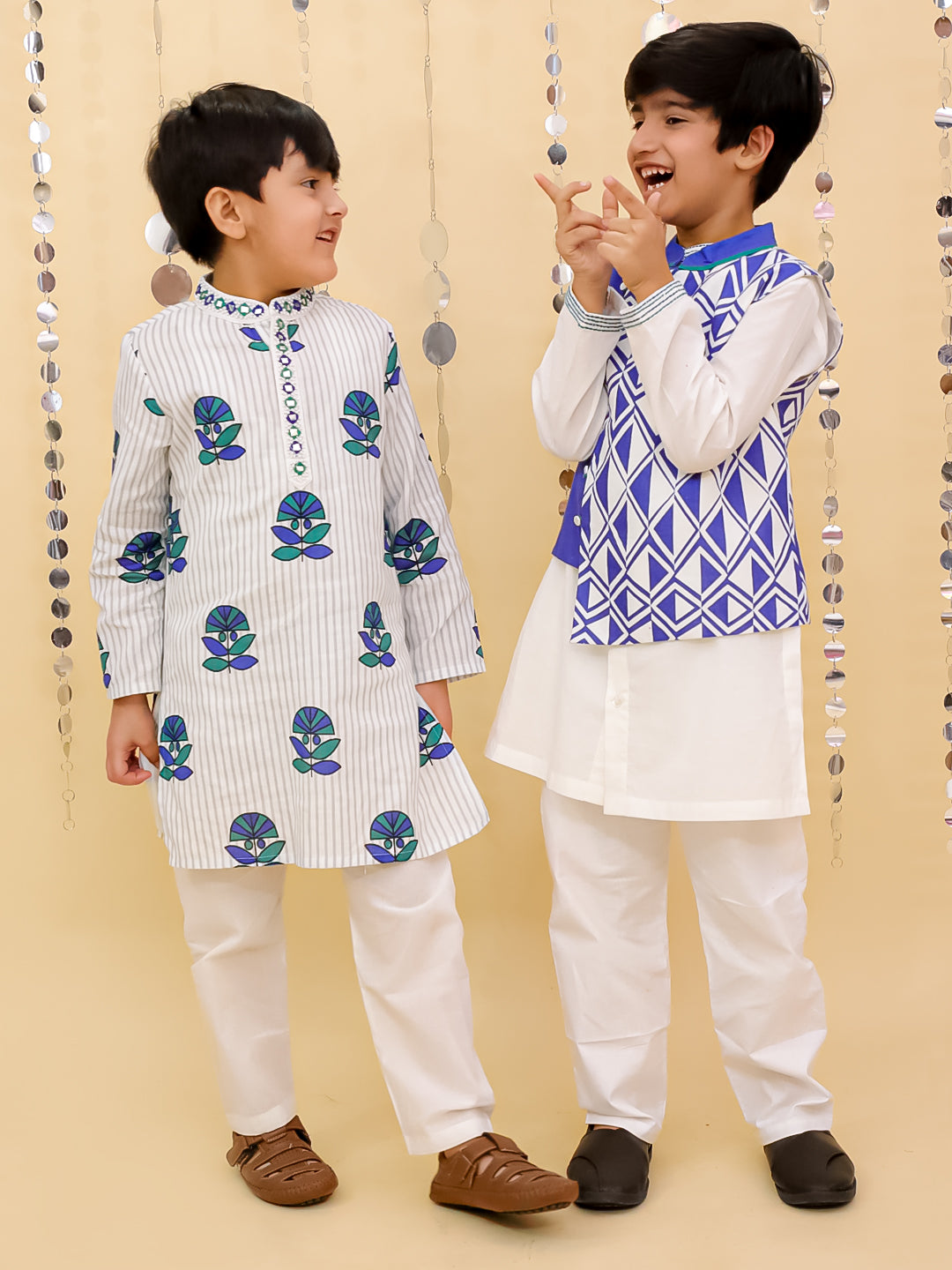 Shor-Gul White Kurta Pyjama with Blue Jacket Set For Boys