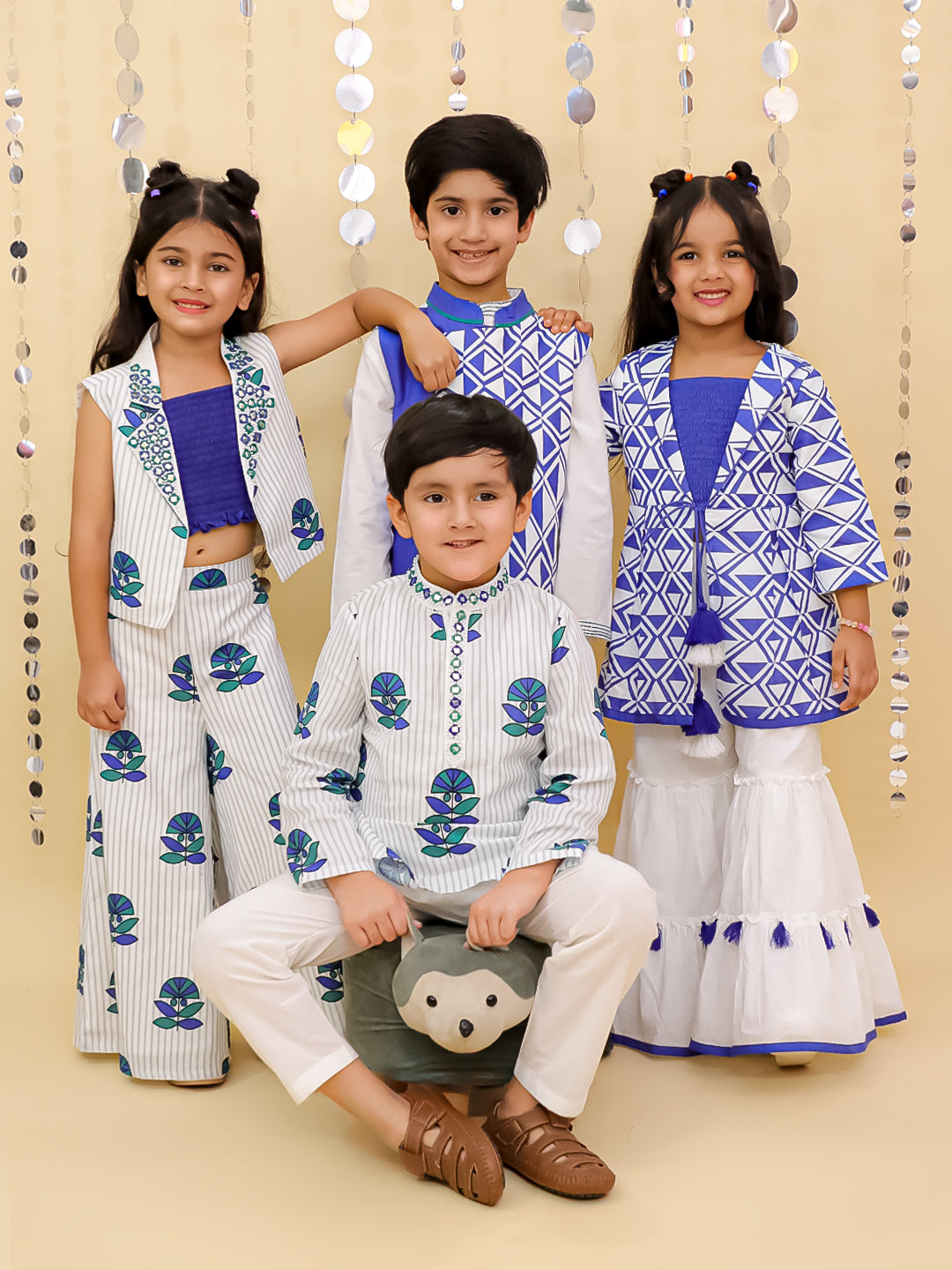 Shor-Gul White Kurta Pyjama with Blue Jacket Set For Boys