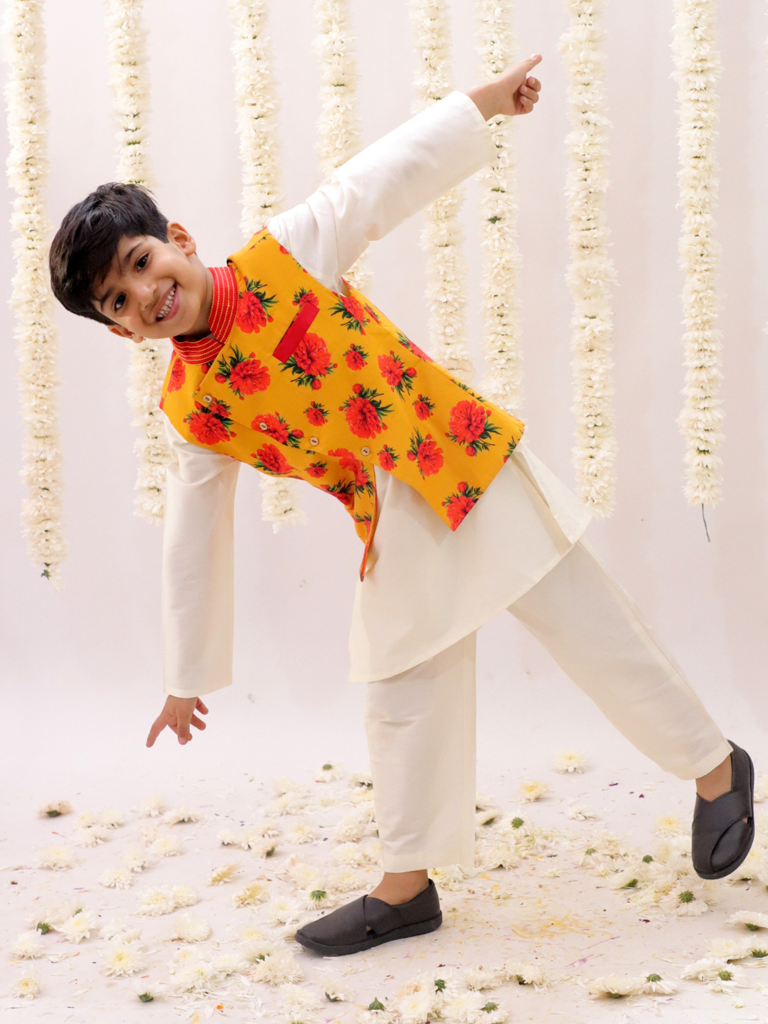 Genda Phool White Kurta and Pant with Mustard Jacket Set for Boys