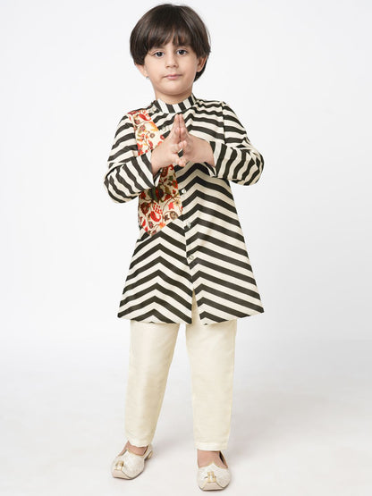 Chromatic Fusion Boys  Black &amp; White stripe Kurta Pant set