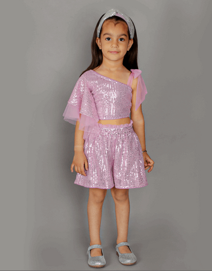 Girls Coord sets, Stylish Sequence One sided ruffle sleeve Top With Sequence Shorts