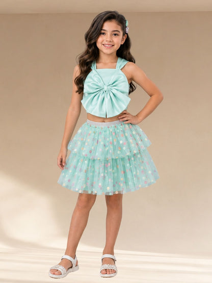 Rainbow Girls Green Stylish Top with Skirt Party Co-ordinate Set