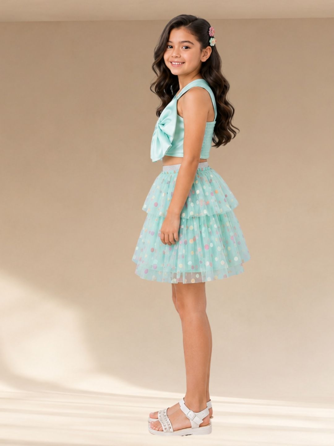 Rainbow Girls Green Stylish Top with Skirt Party Co-ordinate Set
