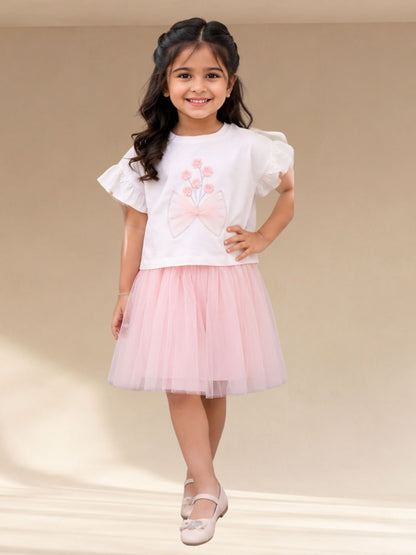 Paris Night White T-shirt with Pink Skirt Set For Girls