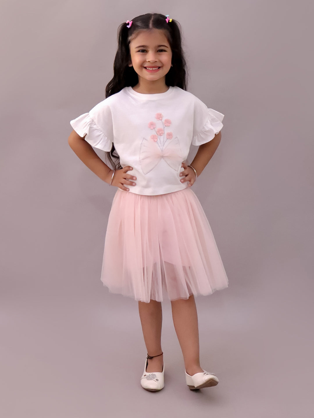 Paris Night White T-shirt with Pink Skirt Set For Girls