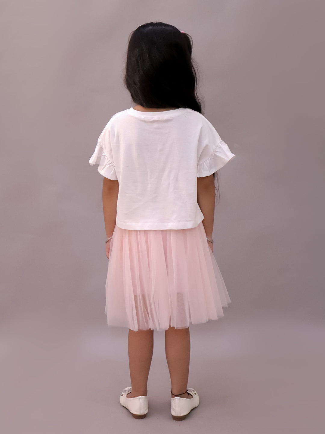 Paris Night White T-shirt with Pink Skirt Set For Girls